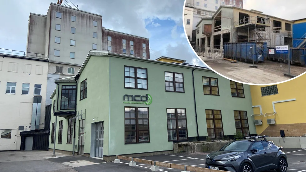 Före och efter renoveringen. Industribyggnaden var mer eller mindre fallfärdig. I dag utgör den kontor för MDC.