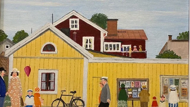 En av Bengt Petterssons (1929-2010) många målningar med gatumotiv från ett svunnet Sörmland.