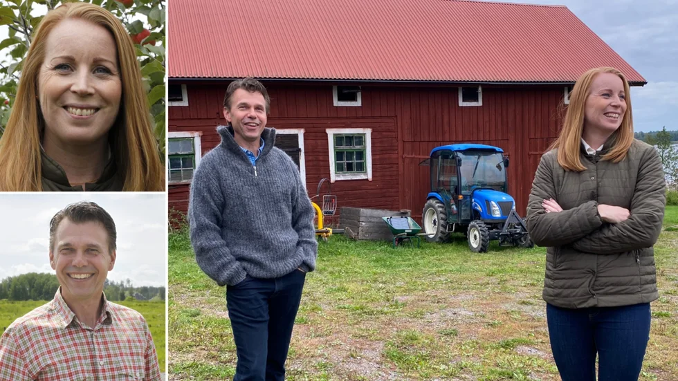 Roger Tiefensee (C) och Annie Lööf (C) tillsammans i hans äppelodling i Dunker, fotograferade i september 2021.