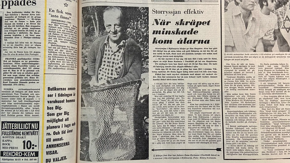 Katrineholms-Kuriren 7 september 1972. Yrkesfiskaren Rune Karlsson i Nackhäll gladdes åt de fina ålfångsterna.