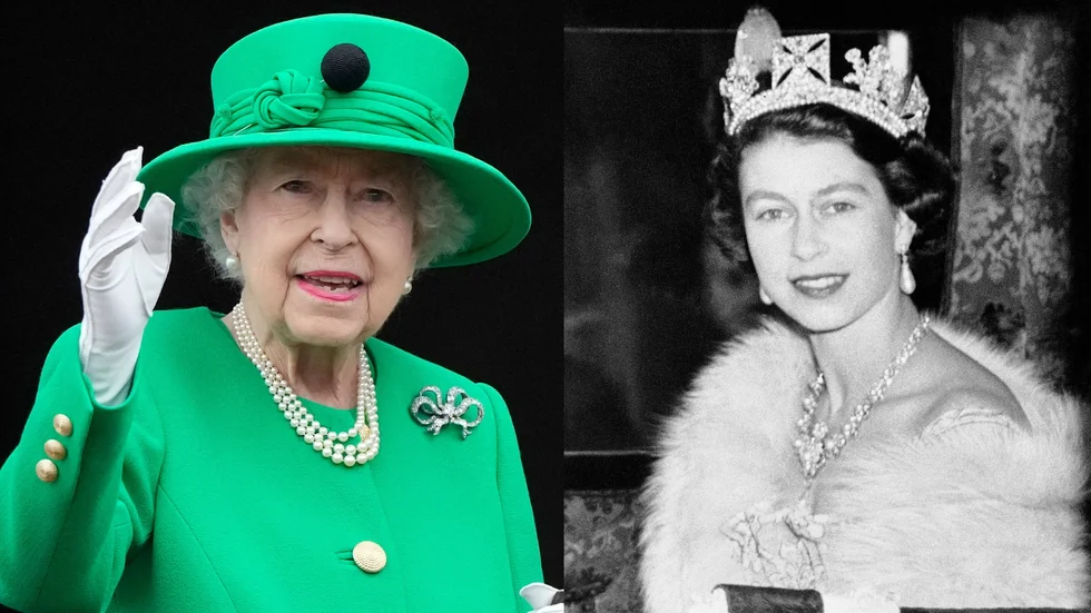 Drottning Elizabeth II satt 70 år på tronen. Den vänstra bilden är från jubileumsfirande och den högra är från hennes första år som drottning. Arkivbild.
