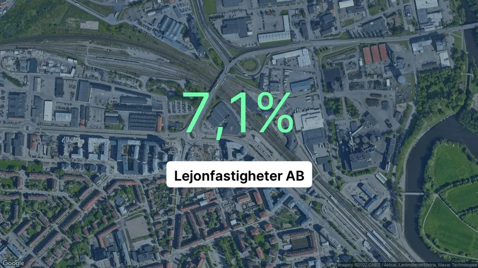 Illustrationen visar rörelsemarginalen för Lejonfastigheter för det senaste året. Bakgrunden är en satellitbild över företagets adress.