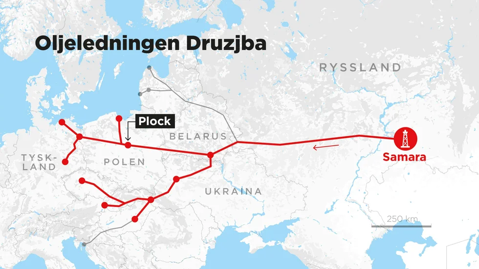 Kartan visar oljeledningen Druzjbas sträckning från Samara till västra Europa.
