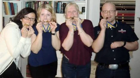 En kvartett medaljörer i Northern Arms nionde tävling. Fr.v. Erika Holmström (guld+silver), Madelen Ögren (guld+silver), Pirjo Laituri (2 guld+1 silver+1 brons), Jonny Olsen, Bodö (brons)
