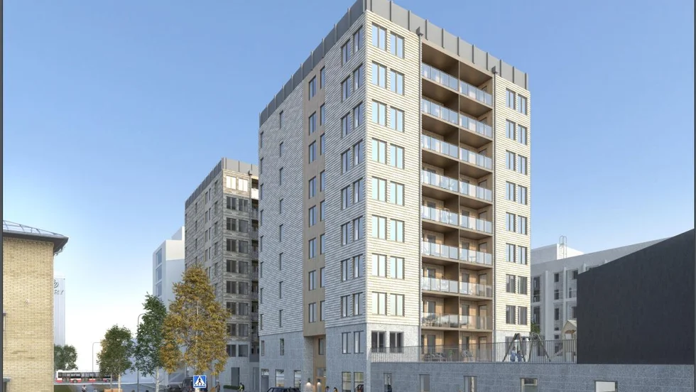 Så här kommer de nya punkthusen på Stationsgatan att se ut. Diös har fått bygglov beviljat och beräknar starta bygget under våren 2024.
