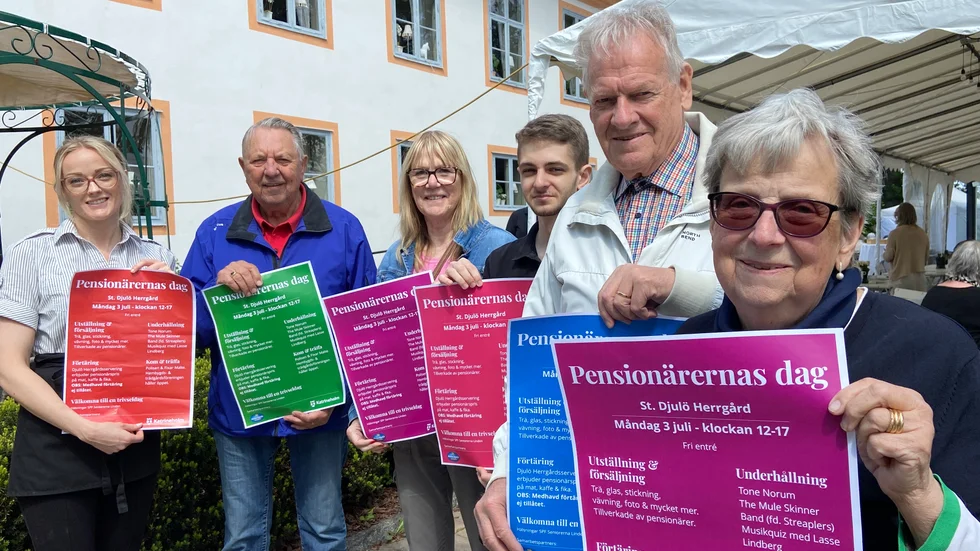 Kjell Larsson, Anita Stenberg, Jörgen Gustavsson och Majvor Lind från SPF seniorerna Linden ser fram emot Pensionärernas dag den 3 juli. På bild ses också Josefin Nässlander och Daniel Soume från Stora Djulö herrgård, som är medarrangörer.