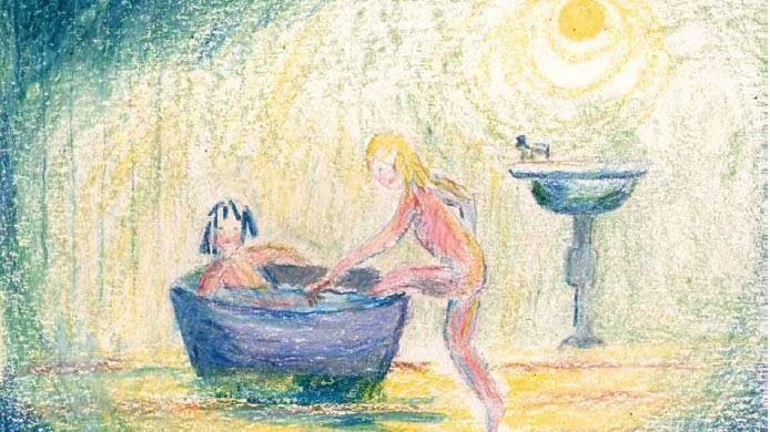 Bad i köket. Illustration ur May Larssons bok "I min barndoms berså" där May Larsson tar ett bad tillsammans med sin syster i köket.