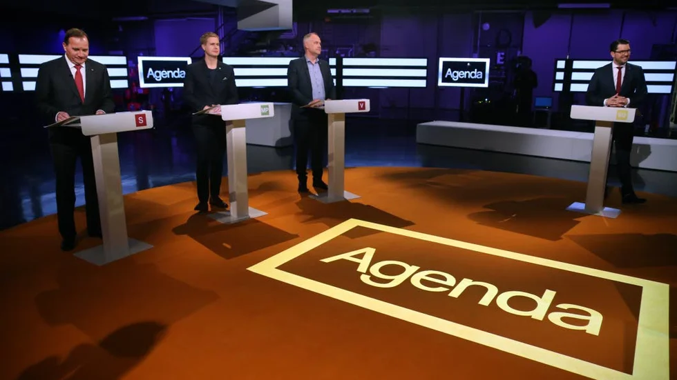 STOCKHOLM 2017-10-08
Från vänster Stefan Löfven (S), Gustav Fridolin (MP), Jonas Sjöstedt (V) och Jimmie Åkesson (SD) under partiledardebatten i SVT:s Agenda på söndagskvällen. 
Foto: Sören Andersson / TT / kod 1037