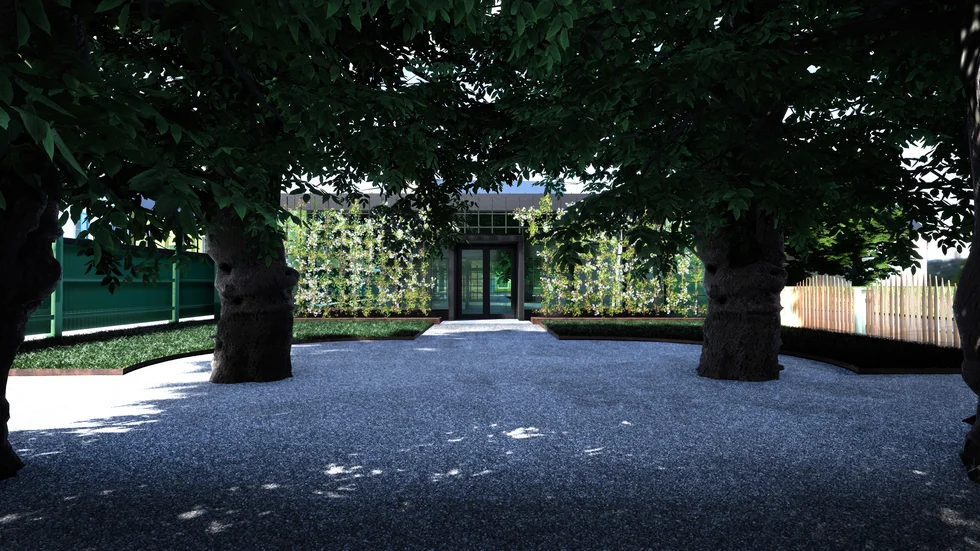 Den nya besökspaviljongen sedd från förgården med Linnémuseet i ryggen. När paviljongen står färdig får förgården tillbaka den storlek den hade under Linnés tid.