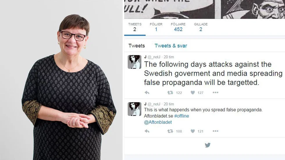 Ann-Marie Eklund Löwinder, säkerhetschef vid Internetstiftelsen i Sverige (IIS), samt skärmdump på den tweet som det refererats kring.