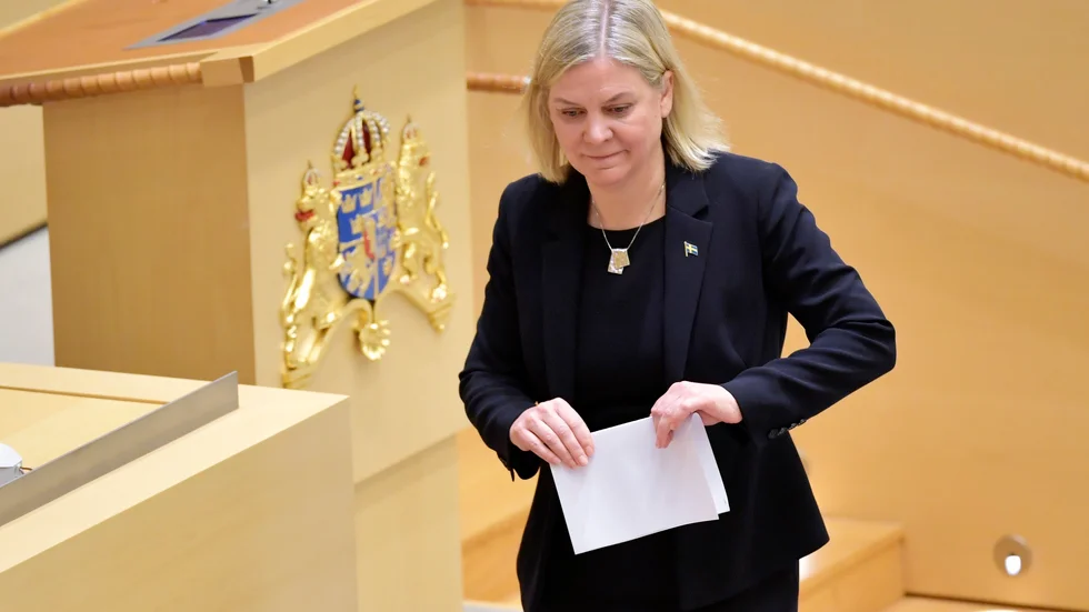 Statsminister Magdalena Andersson (S) under riksdagens partiledardebatt på onsdagsmorgonen.