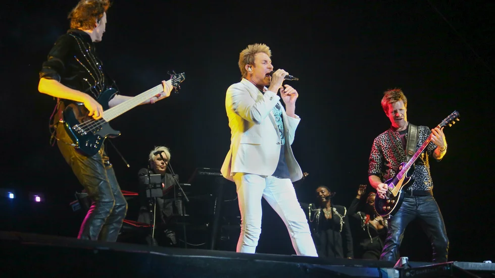 Duran Duran med John Taylor, Simon Le Bon och Dominic Brown spelar på Skansen i vår. Arkivbild.