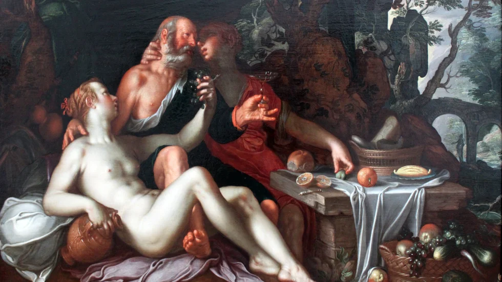 Lot blir nersupen och förförd av sina döttrar. Målning av Joachim Wtewael från 1630.