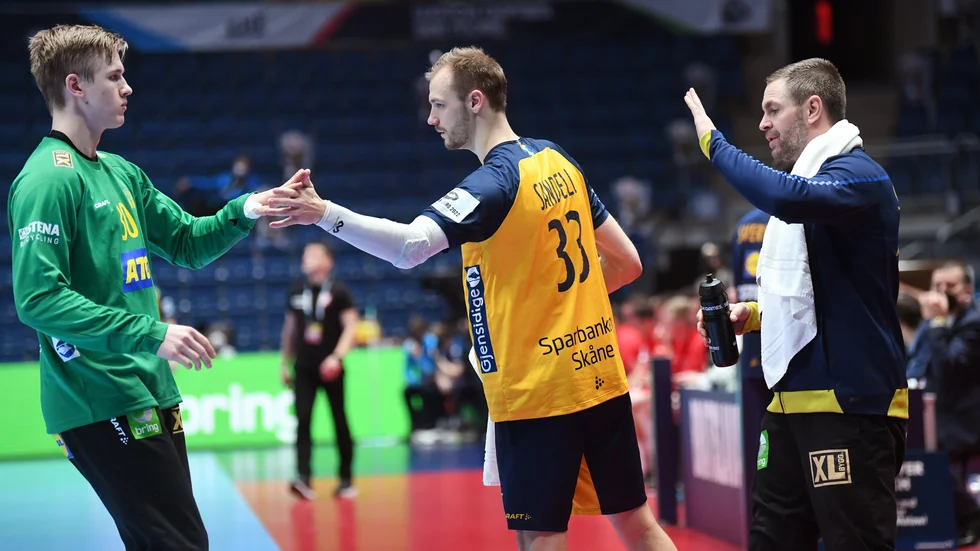 Tobias Thulin (till vänster) och Andreas Palicka (till höger) under matchen mot Polen.