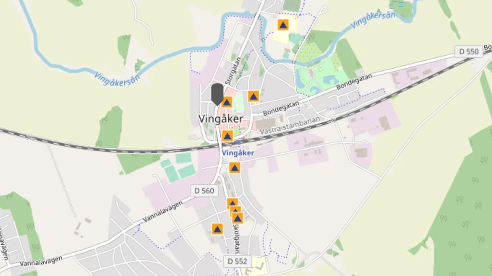Karta över de skyddsrum som finns i centrala Vingåker. 