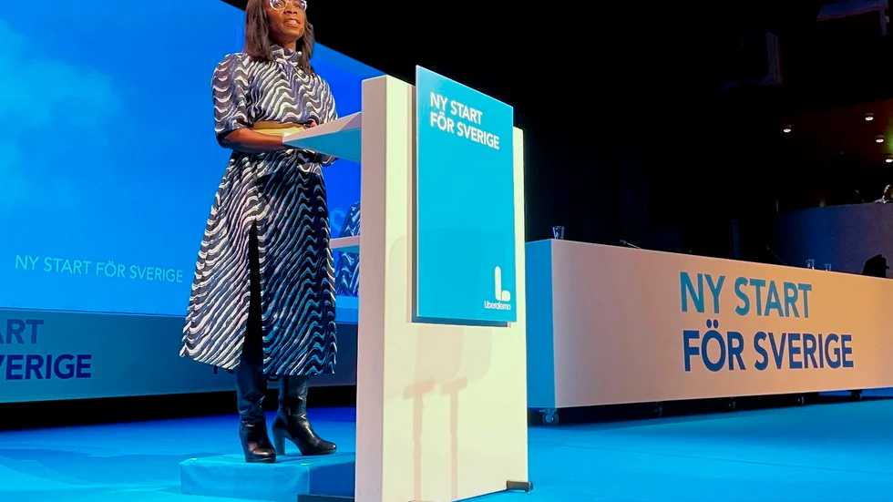 Liberalernas partiledare Nyamko Sabuni talar på partiets landsmöte.