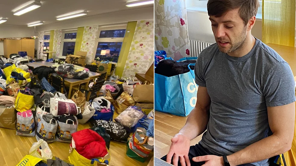 Taras Kuzmenko är Motalabon som tagit inititativet att samla in kläder och andra förnödenheter till Ukrainas befolkning.