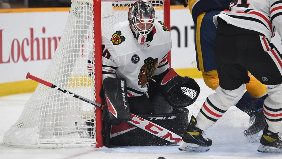 Arvid Söderblom inledde 2022 med att få göra sin NHL-debut, då han hoppade in mot Nashville Predators.