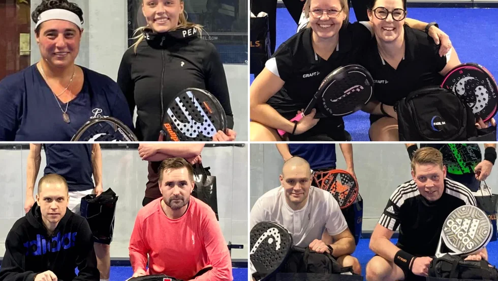 Vinnarna i Julcupen i Storebro. Övre raden fr.v: Linda Carlsson och Hanna Adolfsén, Angelica Rinaldo och Josephine Svensson. Nedre raden fr.v: Johan Nilsson och Stefan Lind, Per Kronstrand och Mikael Rinaldo.