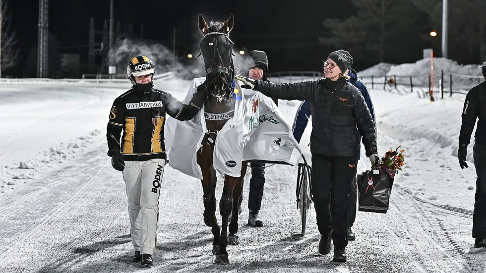 Sandra Eriksson, Juno Beach och tränaren Marie Anglöv efter segern i V75-6