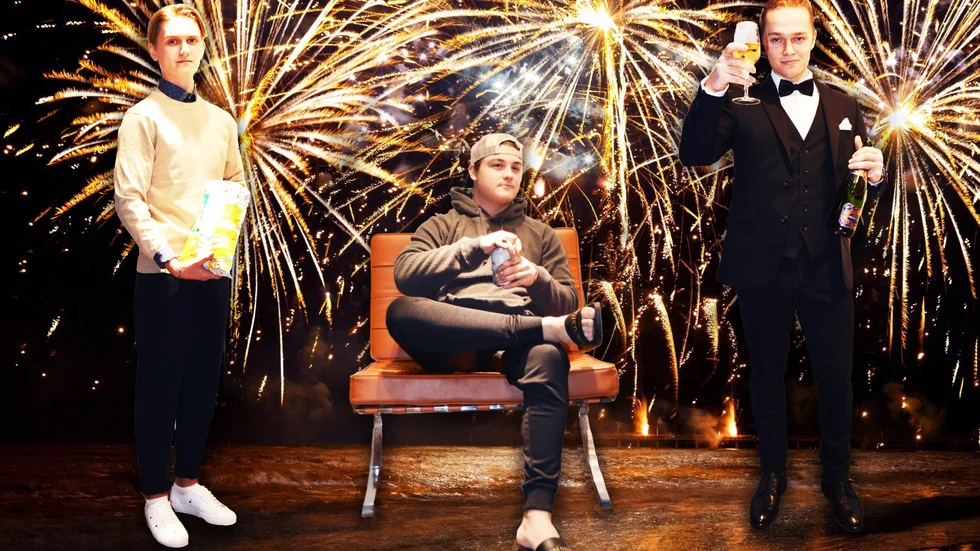 Alex, längst till vänster visar upp familjestilen, Dominic i mitten visar slackerstilen och Otto visar upp den klassiska festprissen.
