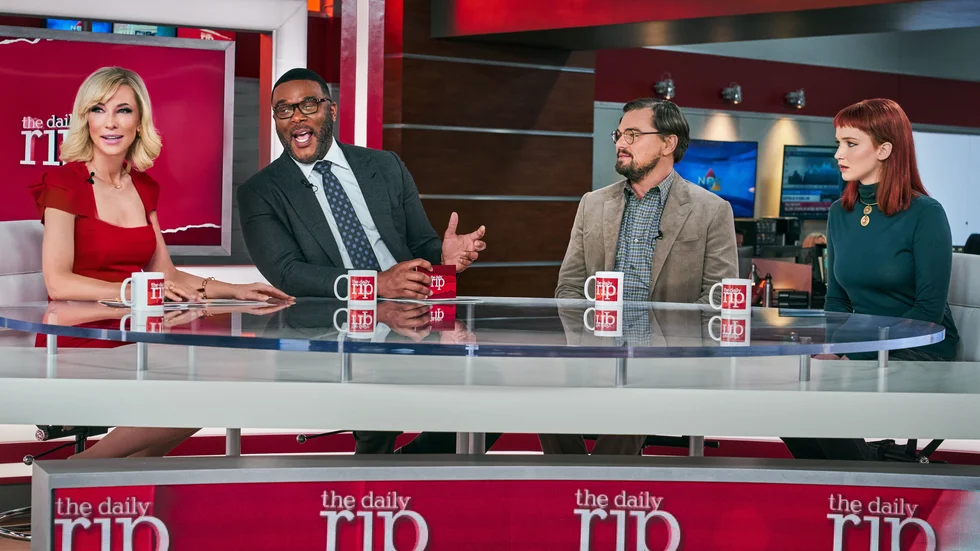 Stjärnspäckad rollista: Cate Blanchett, Tyler Perry, Leonardo DiCaprio och Jennifer Lawrence i "Don't look up". Pressbild.