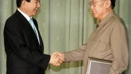 South Korean President Roh Moo-hyun, left, shakes hands with North Korean leader Kim Jong Il after exchanging a joint reconciliation pact  in Pyongyang, North Korea, Thursday, Oct. 4, 2007.  The leaders of North and South Korea pledged in the reconciliation pact Thursday to finally seek a peace treaty to replace the Korean War's 1953 cease-fire and expand projects to reduce tension across the world's last Cold War frontier.(AP Photo/ Korea Pool via Yonhap) **KOREA OUT**