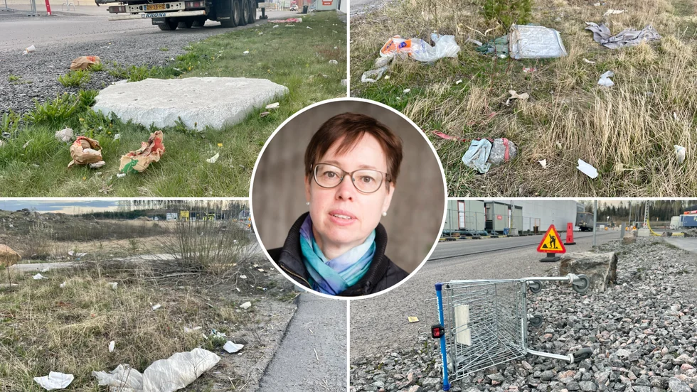 Mycket bråte ligger slängt vid Biltema och Mio på Lövåsen. På bild syns också Eva Frykman.