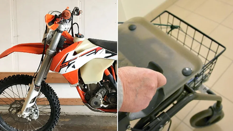 Tre crosshojar stals ut ett garage i Sanda och en rollator från en adress på Selaön (bilderna på mc:n och rollatorn är tagna i andra sammanhang.)