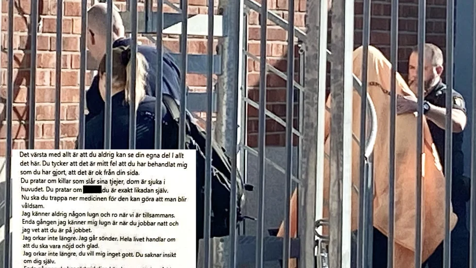 På väg in i rättssalen för att lyssna på alla anklagelser. Den 44-årige Skelleftebon står inför rätta för systematiska brott mot sambon: våld, hot, kränkningar och förföljelse. Även barnen har drabbats. Kvinnans anteckningar i mobiltelefonen (lilla bilden) vittnar om den skräck och förtvivlan hon levt under sedan flera år.