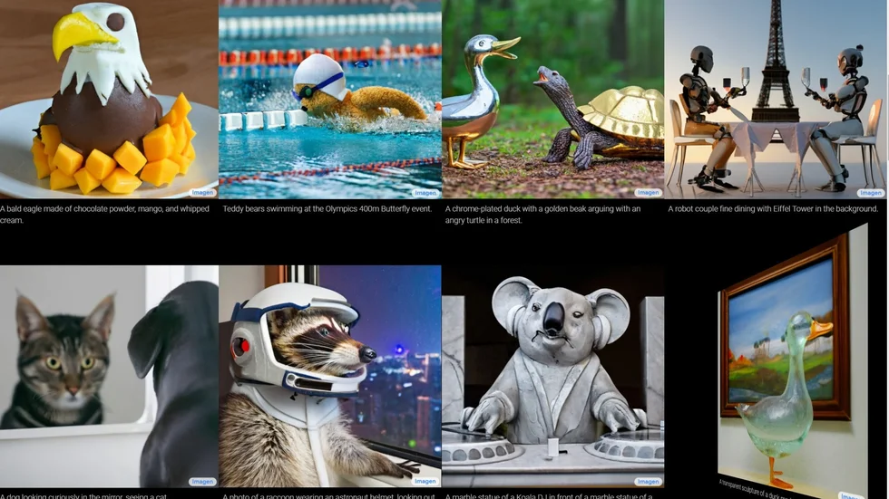 Googles AI-program Imagen förvandlar det som skrivs till bild. Exempelvis en tvättbjörn i rymdhjälm som tittar ut över en stad, eller en hund som tittar i en spegel och ser en katt. Techjättens projekt är ännu inte publikt tillgängligt. Bilden ovan är en skärmdump från projektets hemsida.