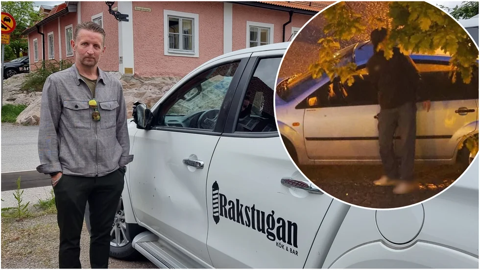 De misstänkta gärningsmännen fångades på bild under natten till lördag då rutorna på Susanna Prawitz bil förstördes. Även Tobias Bergman, till vänster på bilden, fick sin bil vandaliserad. Kvar är en trasig backspegel och en bucklig utsida. 
