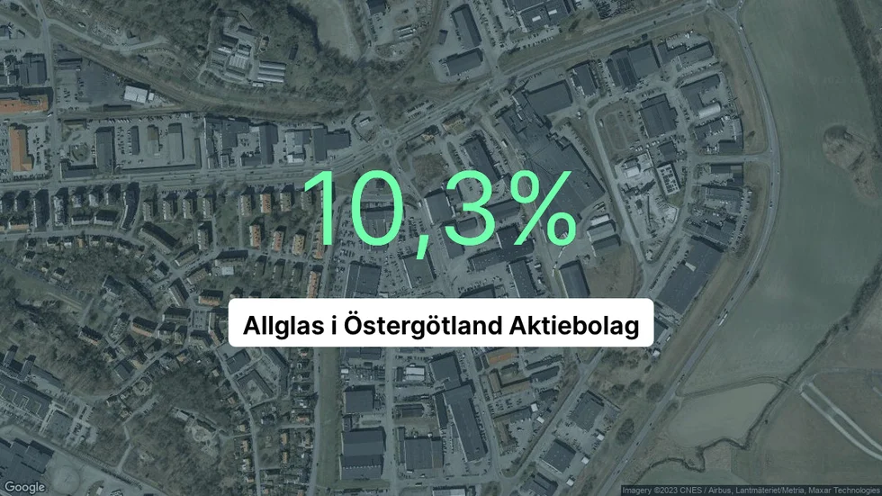 Illustrationen visar rörelsemarginalen för Allglas i Östergötland för det senaste året. Bakgrunden är en satellitbild över företagets adress.