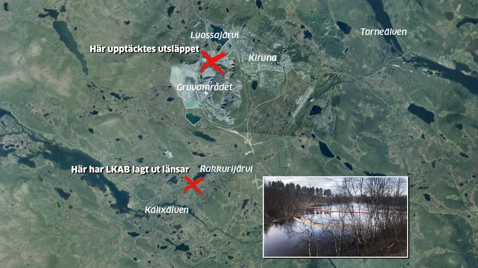 Föroreningarna har upptäckts i vattendrag som rinner ut i två nationalälvar. Infällda bilden: Platsen för länsarna i Rakkurijoki vid Nikkaluoktavägen (läsarbild).
