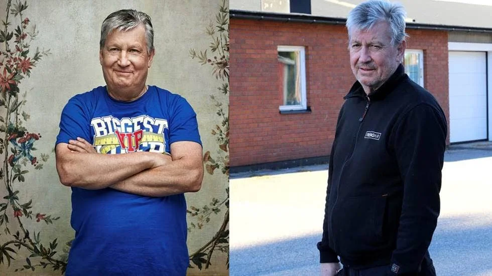 Före och efter Biggest loser VIP. Pekka Lundmarks mage har försvunnit.