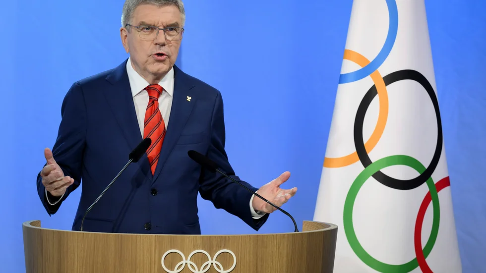 International olympiska kommitténs ordförande Thomas Bach under en extrasession i Lausanne på torsdagen.