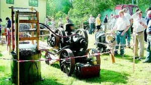 Med kula och tändpropp. Munktells råoljemotor från 1930-talet driver vedsåg. Har varit tröskmotor på gården Nästeshult i Hjorteds socken.