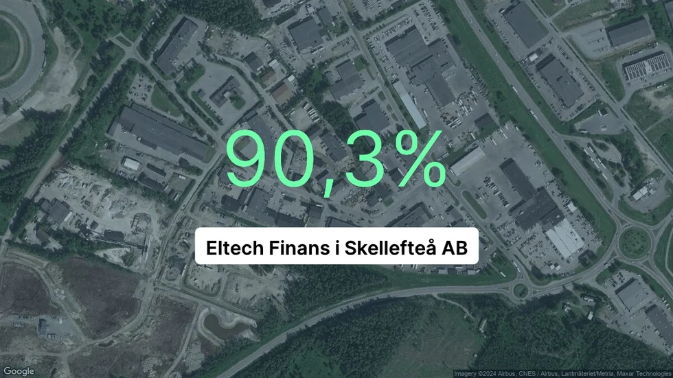 Illustrationen visar rörelsemarginalen för Eltech Finans i Skellefteå för det senaste året. Bakgrunden är en satellitbild över företagets adress.