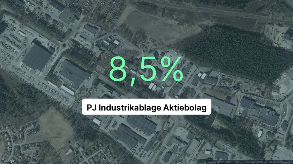 Illustrationen visar rörelsemarginalen för PJ Industrikablage för det senaste året. Bakgrunden är en satellitbild över företagets adress.