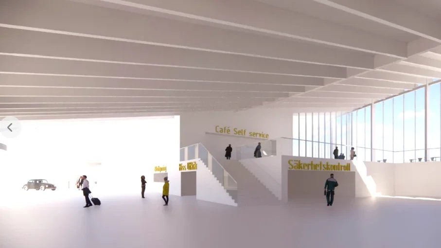 Så här ser en av idéskisserna ut för en ny terminal vid Skellefteå Airport. Passagerarna håller till på markplanet medan besökare kan gå en trappa upp och titta på avgångarna.