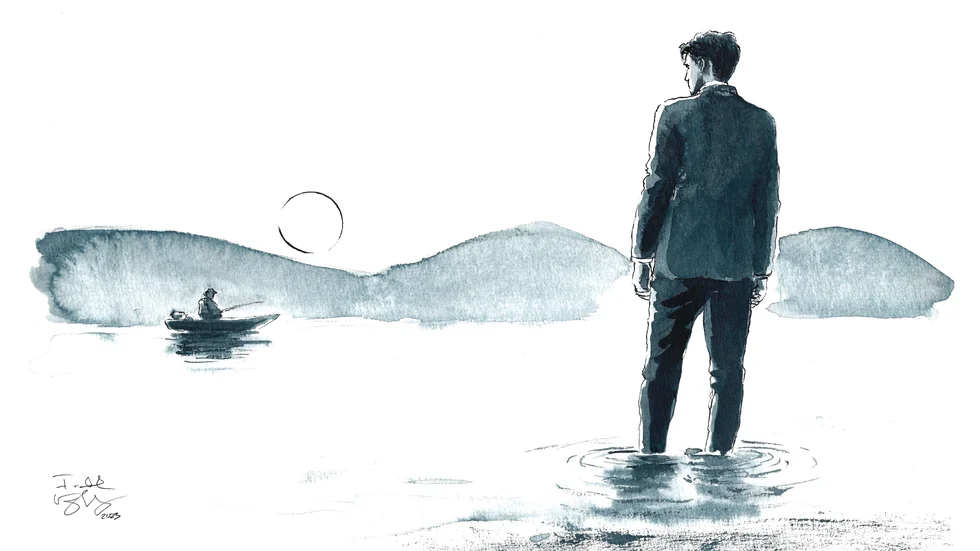 "Han reste sig och började gå längs med stranden. Tog några steg ut i vattnet och kände vätan och svalkan sprida sig över benen." 