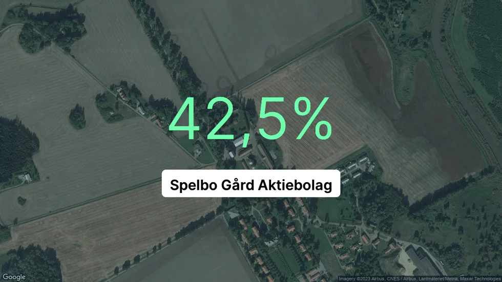 Illustrationen visar rörelsemarginalen för Spelbo Gård för det senaste året. Bakgrunden är en satellitbild över företagets adress.