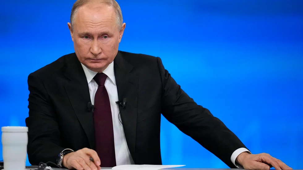 Vladimir Putin. Bild från hans stora presskonferens tidigare i veckan.