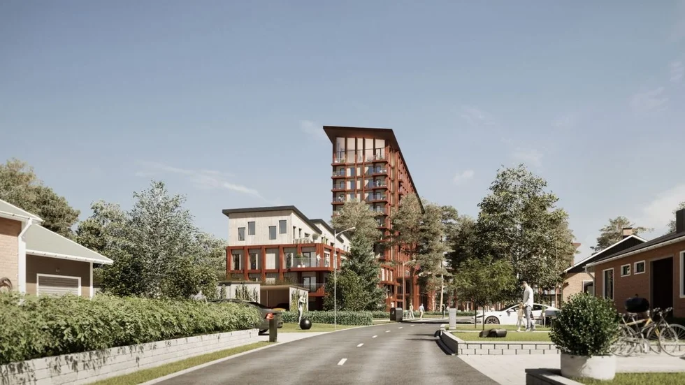 Skanskas höghus vid Mjölkuddsrondellen, vy sedd från Mästerlotsvägen.