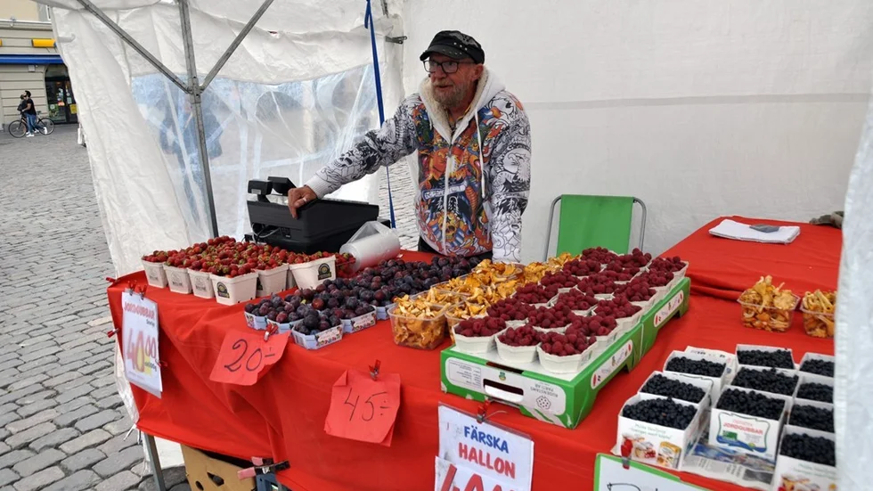Kom å köp. Knud säljer färska bär och svamp på torget. Foto: Tommy Pettersson