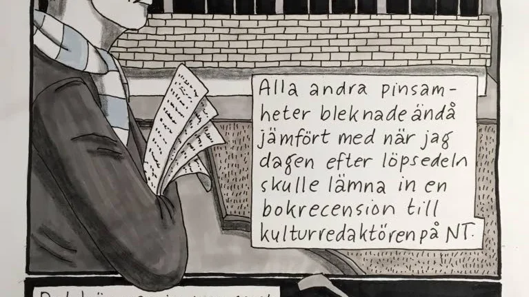 NT-bakgrund. Här en ruta från Thomas Arnroths kommande seriealbum. 
–?Det var irriterande att efter tre timmars tecknande upptäcka stavfelet men det ska jag ordna, förklarar han.