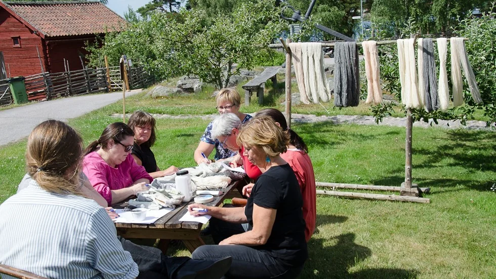 Det var ett glatt gäng som fick lära sig det mesta om växtfärgning på Kulbacken. Foto: Roger M Carlsson