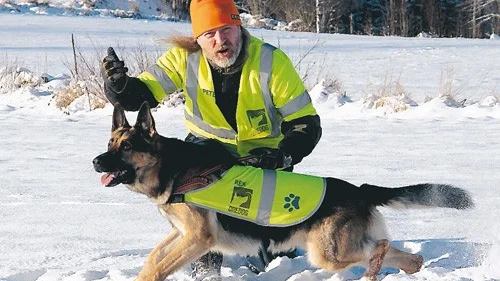 Riktigta jobbarkompisar. Peter Bergman och Rex i full fart med mineralsökandet.