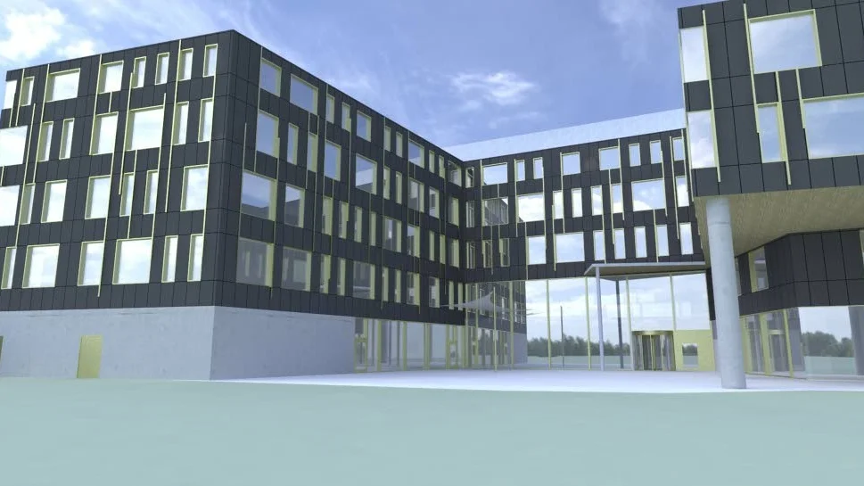 Linköpings nya hotell blir u-format med fronten vänd mot Max hamburgerrestaurang i Torvinge. (Illustration: Carl-Johan Omert/Tengbom arkitektkontor)