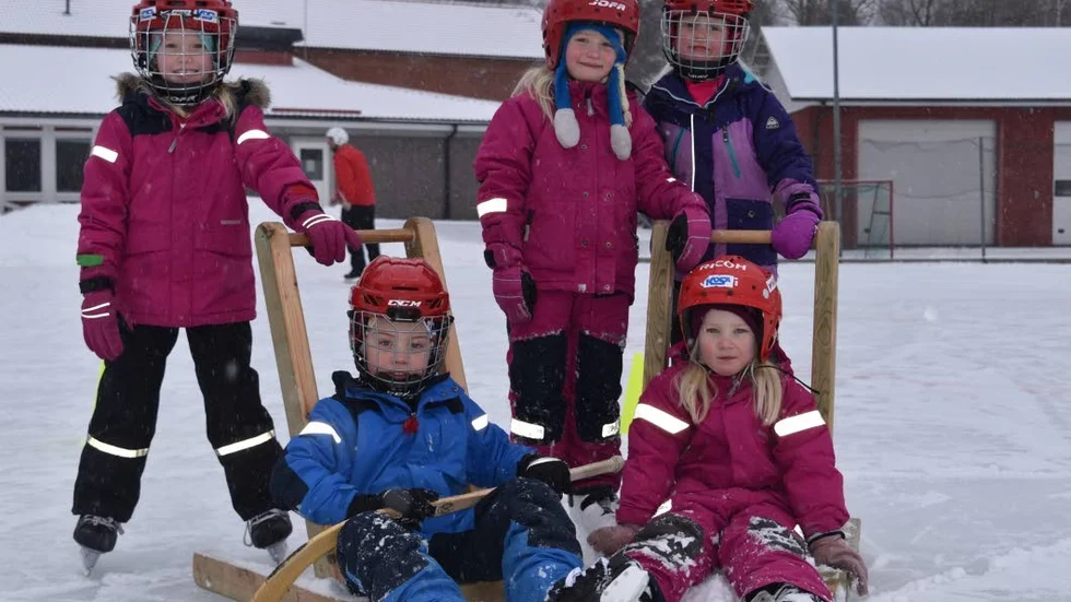 Maja Pleijert, Stina Anemyr, Selma Anemyr, August Springfeldt och Ebba Kilveus hade skoj på isen.